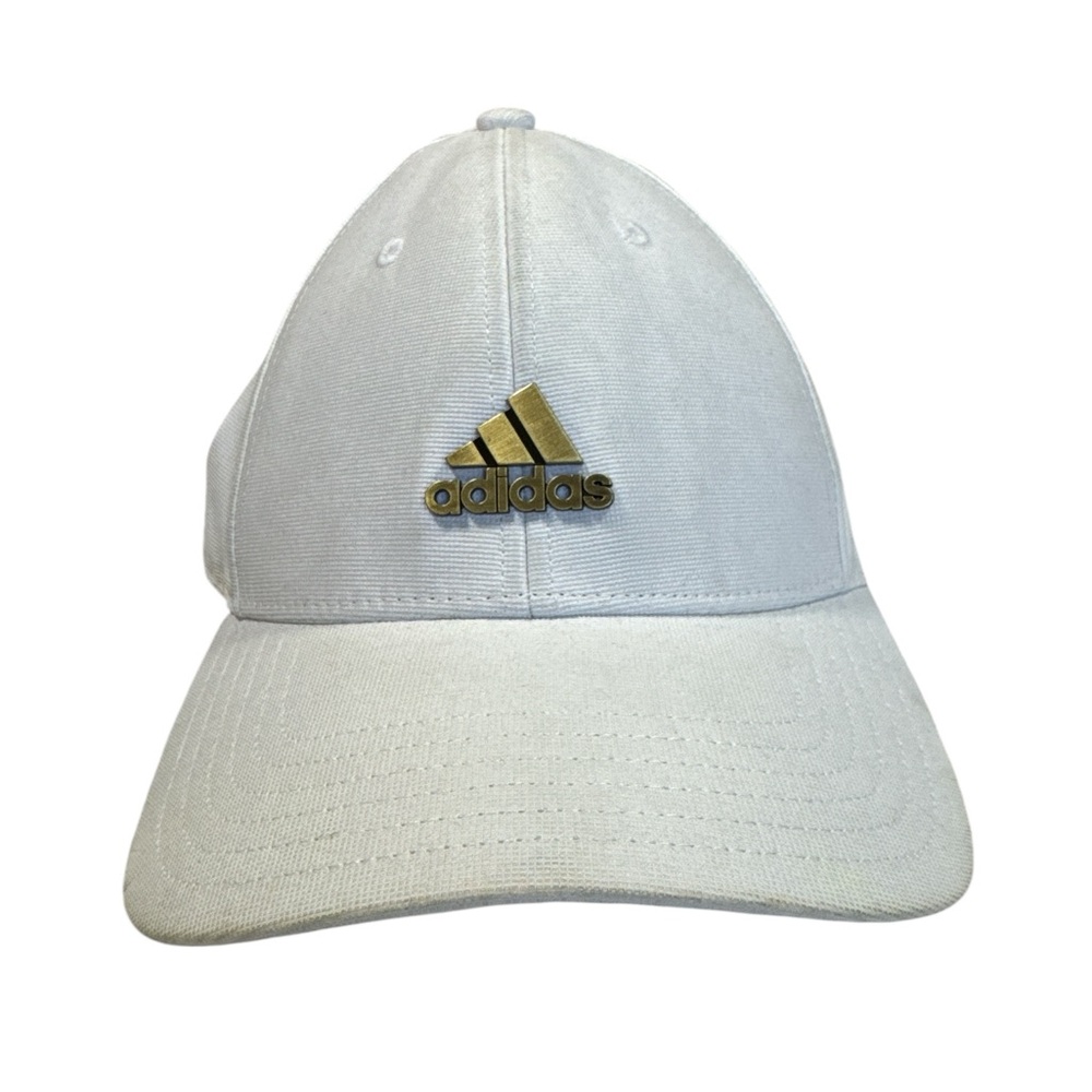 Adidas White Flexfit Hat L/XL Gold Metal Logo Performance Stretch